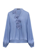 TOP MET POFMOUW EN BLOEMAPPLIQUATIES